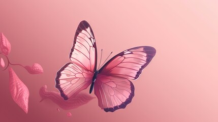  a pink butterfly flying over a pink background with a branch.  generative ai