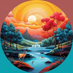 Magical Surreal Landscape: Vibrant Dali-inspired Artwork with Giant Moon, River, and Wildlife in Tropical Rainforest Palette