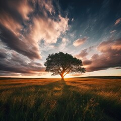Fototapeta na wymiar A Majestic Tree Resting on a Grassy Field at Sunset - A Surreal and Dreamy Landscape