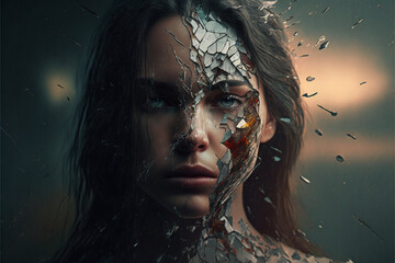 Art of eye, portrait of soul, blue, glasses, dark, grey, fantasy, art, broken inside, mirror, suffer, pain, broken butter-fly, Generative AI 