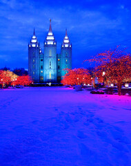 Salt Lake City Temple Square Christmas Lights Mormon Religion Steeple