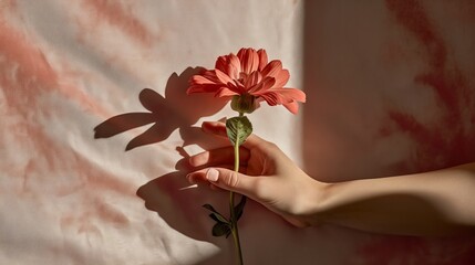 Spring blossom with the shadow of a female hand. AI Generated