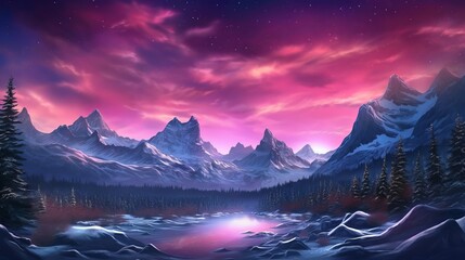 Appalling Mountains with Aurora Borealis. Fuchsia Sky Establishment with copyspace. AI Generated - obrazy, fototapety, plakaty
