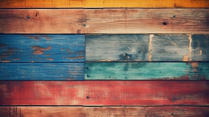 Fototapeta premium Out of date, grungy, colorful wood foundation. AI Generated