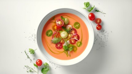 Summer Spanish soup gazpacho with rocket serving of mixed greens kept on white foundation. Veggie preeminent other cold tomato soup in white plate. Meatless nourishment in menu. AI Generated
