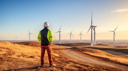 Fototapeta na wymiar Generative AI Engineer working at alternative renewable wind energy farm - Sustainable friendly industry concept