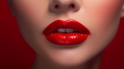 Shinning reddish lipstick on the girl's lips. AI Generated