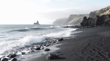 Fototapeta na wymiar See of dim sand shoreline Atlantic ocean waves in Iceland. AI Generated