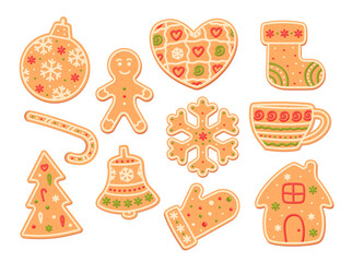 Gingerbread Set. Spice cake. Assortment cookie with glaze. Flat, vector