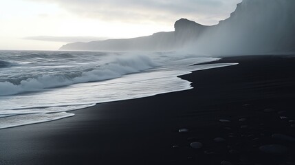 See of dim sand shoreline Atlantic sea waves in Iceland. AI Generated
