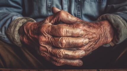 Near of male wrinkled hands, ancient man is wearing vintage tone. AI Generated