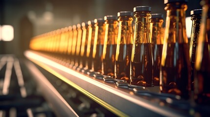 Brown glass brew drink liquor bottles, brewery transport, advanced period line. AI Generated - obrazy, fototapety, plakaty