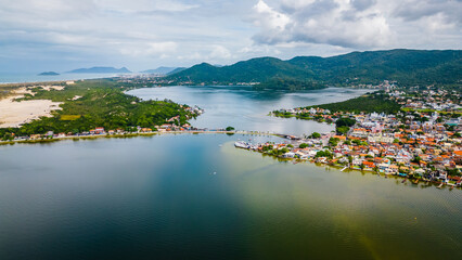 Aerial Drone View, Town of Lagoa da Conceicao, Island of Santa Catarina in Brazil in Summer,