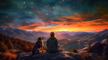lady and canine observing disorienting scene of celebrated lights at nightfall in tall mountains. AI Generated