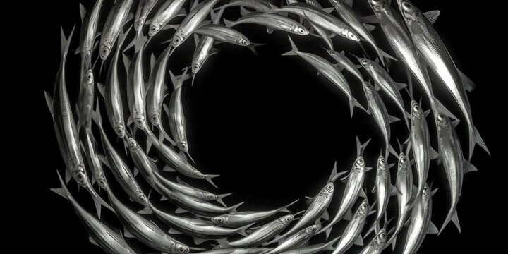 A school of fish swimming in a mesmerizing spiral formation against a contrasting background, concept of Natural harmony, created with Generative AI technology