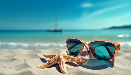 Fototapeta na wymiar Starfish and sunglasses on a white sand beach with clear blue waters behind 