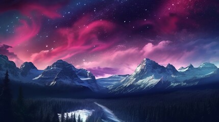 Bewildering Mountains with Aurora Borealis. Fuchsia Sky Establishment with copyspace. AI Generated