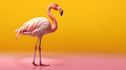 Fototapeta premium Pink flamingo in yellow establishment. AI Generated
