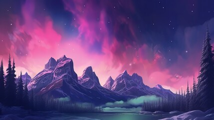 Dumbfounding Mountains with Aurora Borealis. Fuchsia Sky Establishment with copyspace. AI Generated - obrazy, fototapety, plakaty