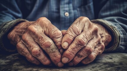 Close of male wrinkled hands, antiquated man is wearing vintage tone. AI Generated