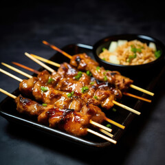 A dish of chicken yakitori kebabs on wooden skewers - obrazy, fototapety, plakaty