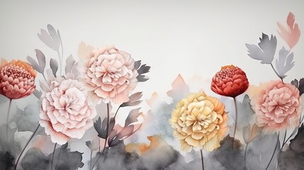  a painting of flowers on a white wall with a gray background.  generative ai