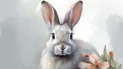  a digital painting of a rabbit with flowers in front of it.  generative ai