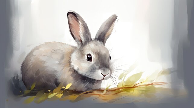  a digital painting of a rabbit sitting in the grass with leaves.  generative ai