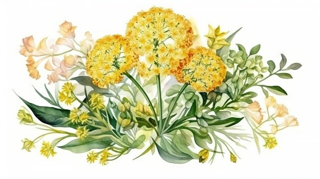  a watercolor painting of yellow flowers and green leaves on a white background.  generative ai