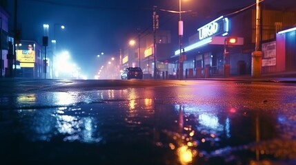 Obraz premium Clammy black-top, reflection of neon lights, a searchlight, smoke. Speculative light in a somber cleanse street with smoke, debilitate cloud. AI Generated