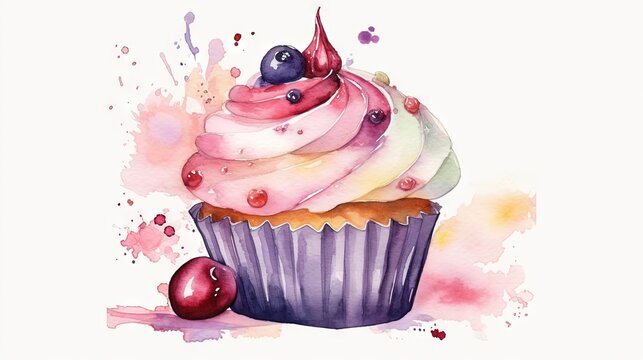  a watercolor painting of a cupcake with a cherry on top.  generative ai