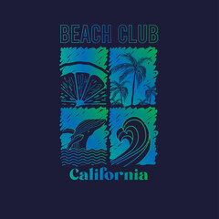 Beach Club California summer vector illustration shark wave palm tree fruit design