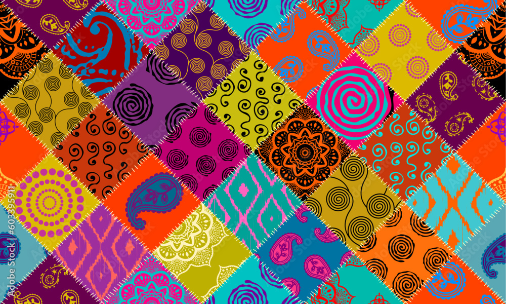 Poster textille patchwork pattern. seamless vector image. bright tribal patchwork.