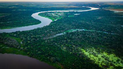 Aerial Drone Fly Above Pantanal Tropical Wetland Natural Region Flooded of Grasslands, Establishing Shot Brazilian Mato Grosso do Sul - obrazy, fototapety, plakaty