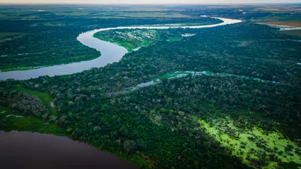 Fotobehang Aerial Drone Fly Above Pantanal Tropical Wetland Natural Region Flooded of Grasslands, Establishing Shot Brazilian Mato Grosso do Sul © Michele