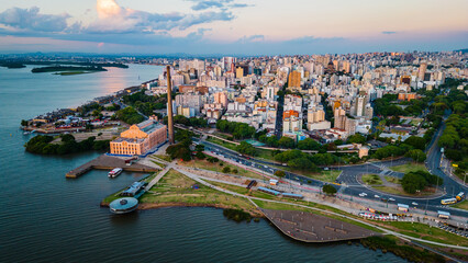 Aerial over the city of Porto Alegre and the Jacui River, Brazil.