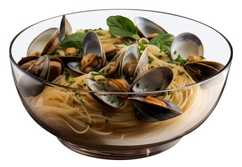Spaghetti and clams in glass bowl on transparent background. Generative AI.