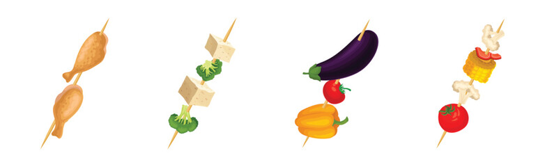 Shashlik with Wooden Skewers or Sticks with Barbecue Food Vector Set