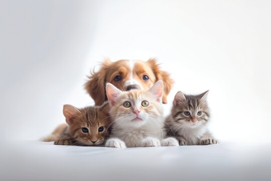 Portrait of dogs and cats looking at the camera in front of a white background, Generative AI