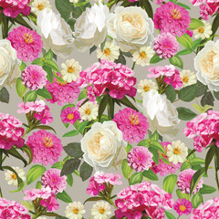 Dianthus carthusianorum - Pink Zinnea flowers and white roses seamless pattern, vector illstration