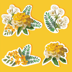   Set of Lantana Flower and a little Yellow and white flowers Stickers on yellow background seamless pattern