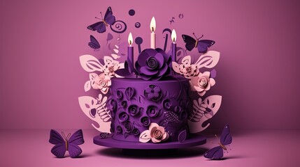  a purple cake with candles and flowers on a purple background.  generative ai