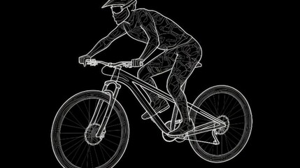 Fototapeta na wymiar a man riding a bike on a black background with a white outline. generative ai