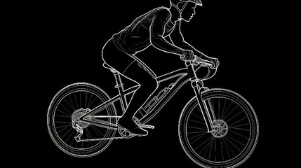 a man riding a bike on a black background with a white outline.  generative ai