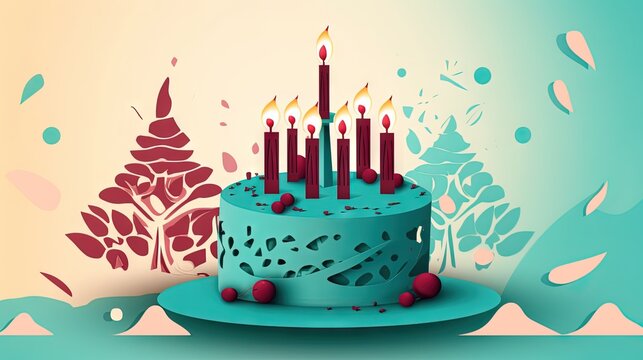  a blue cake with red candles on a blue plate with a pink background.  generative ai
