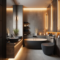 modern bathroom interior with toilet and bath,in gray with wood elements. - obrazy, fototapety, plakaty