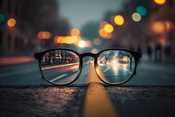 glasses on the road, vision problem, difference in vision with and without glasses, Generative AI prescription glasses, vision correction - obrazy, fototapety, plakaty