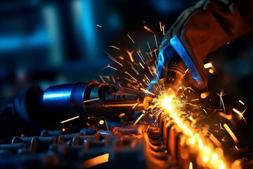 welding steel. welder, many sparks, Generative AI, welding, metal fabrication, welding process