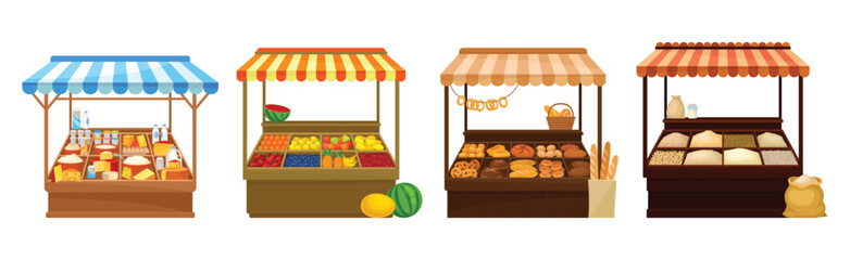 Street Market Stall and Stand with Awning and Various Products Vector Set