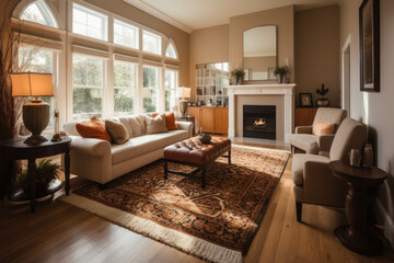 Fototapeta premium A cozy and inviting living room with a fireplace, plush sofas, and a soft area rug, creating a warm and welcoming ambiance. Generative AI